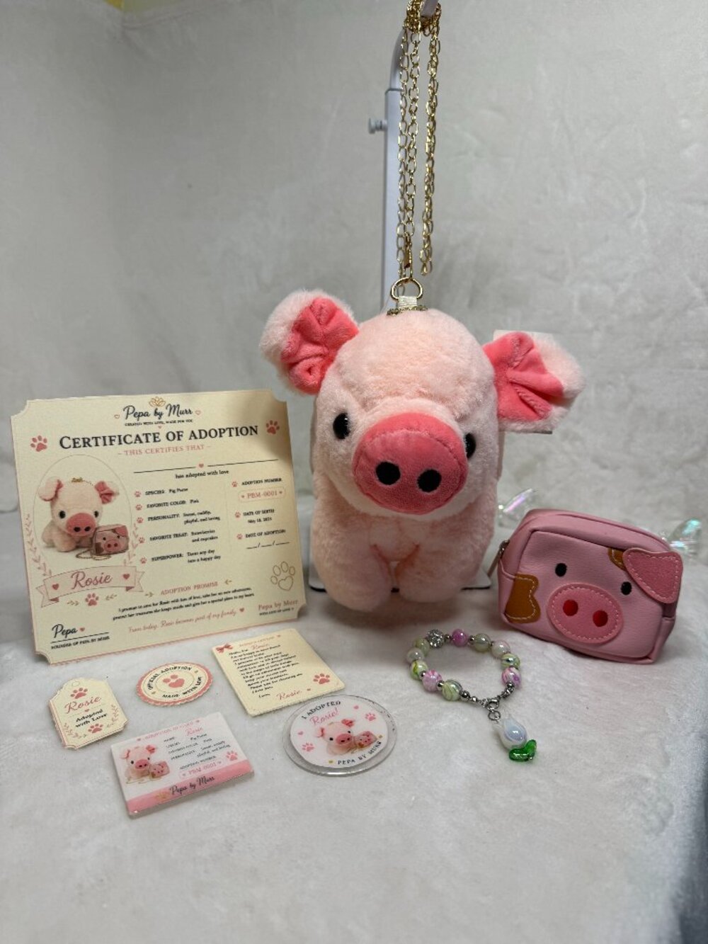 Rosie – Preloved Piggy Purse with Full Adoption Kit (Handmade Kawaii Set)